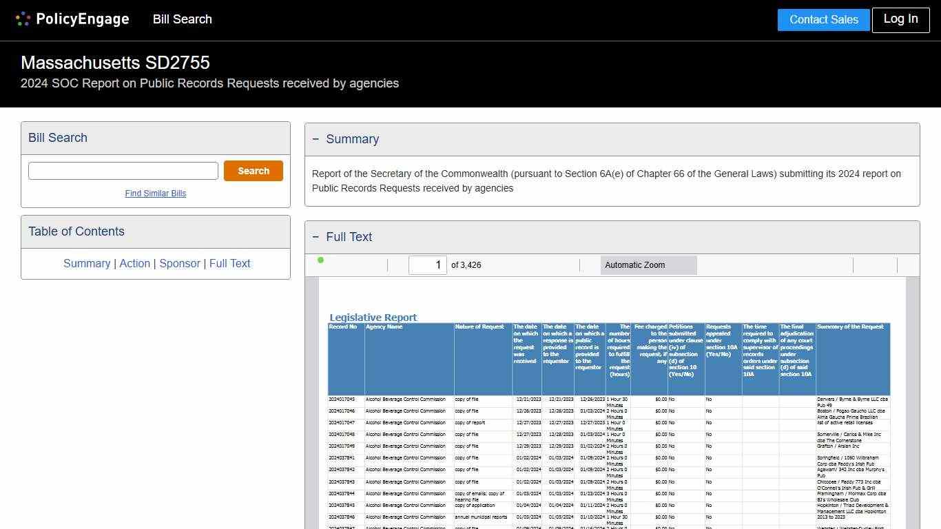 SD2755 Massachusetts 2025-2026 2024 SOC Report on Public Records Requests received by agencies - Legislative Tracking PolicyEngage