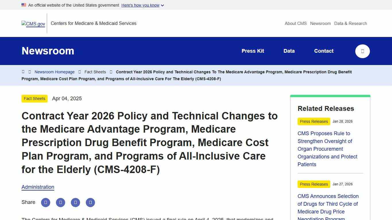 Contract Year 2026 Policy and Technical Changes to the Medicare Advantage Program, Medicare Prescription Drug Benefit Program, Medicare Cost Plan Program, and Programs of All-Inclusive Care for the Elderly (CMS-4208-F) CMS